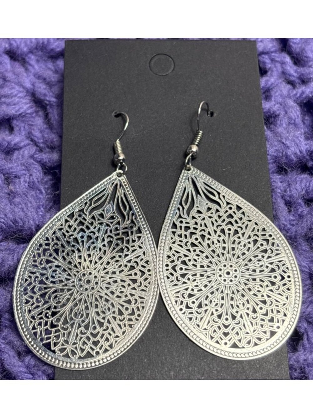 Silvertone Metal Teardrop Filigree Dangle Earrings 2.5 Inches